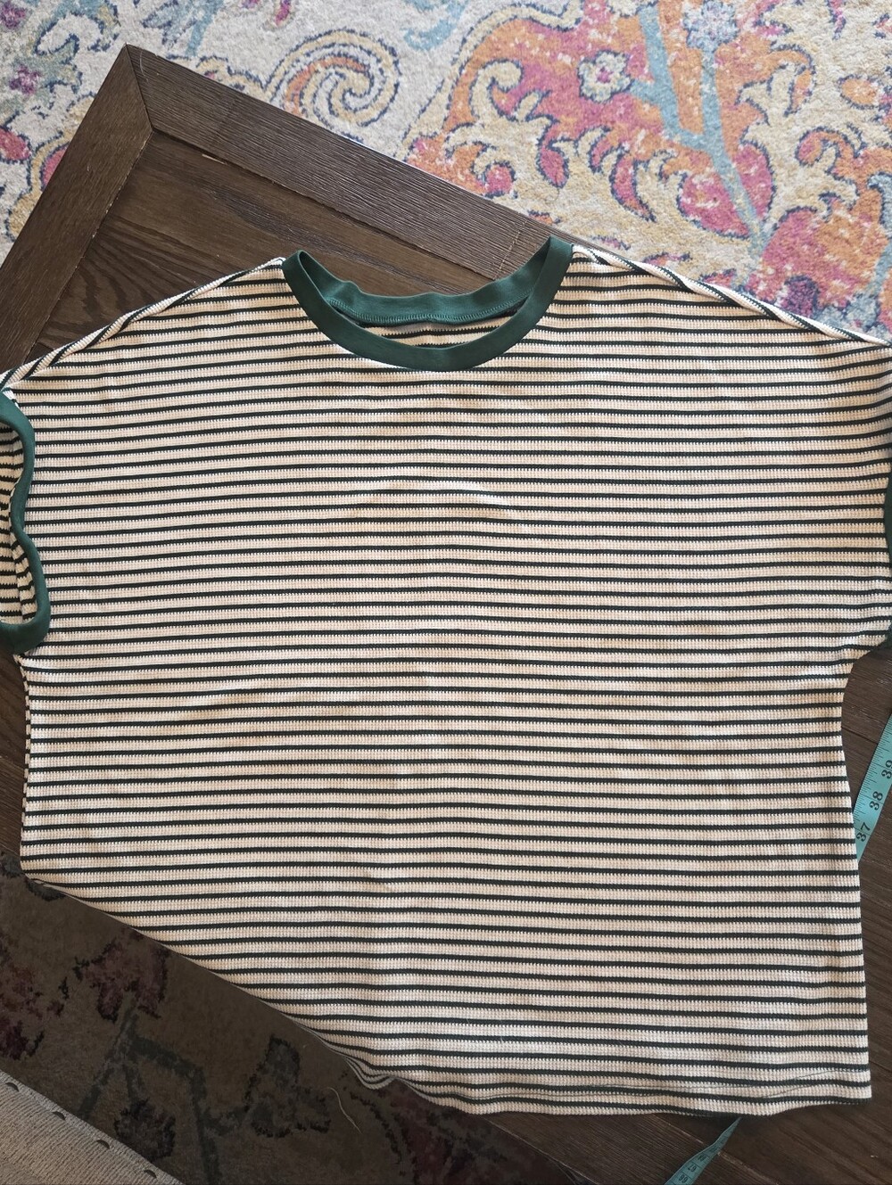 Boutique Cream and Green Striped Women’s Lightweight Crew Neck Sweater Tee